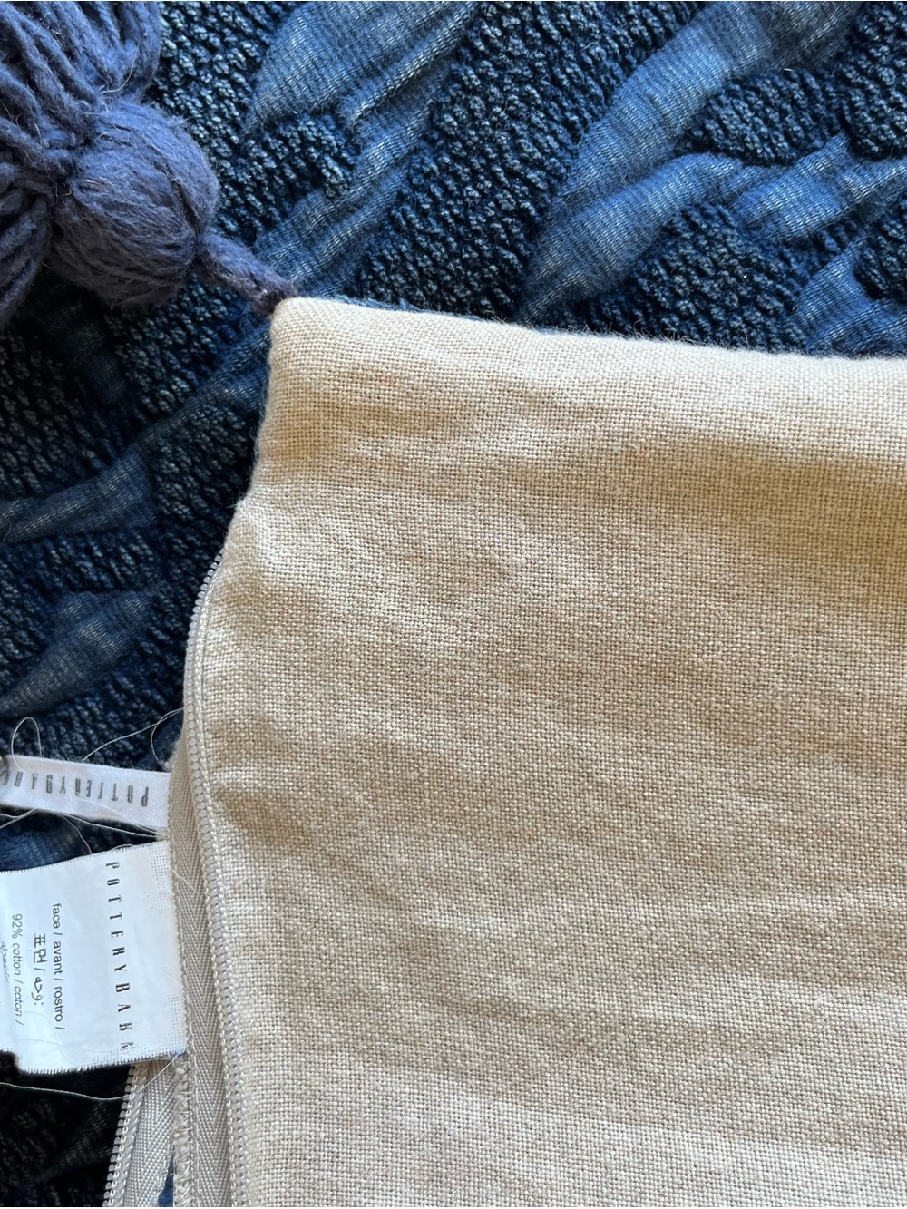 Pair of Pottery Barn Aileen Jacquard Navy Blue Pom Pom Pillow Covers - Picture 5 of 6